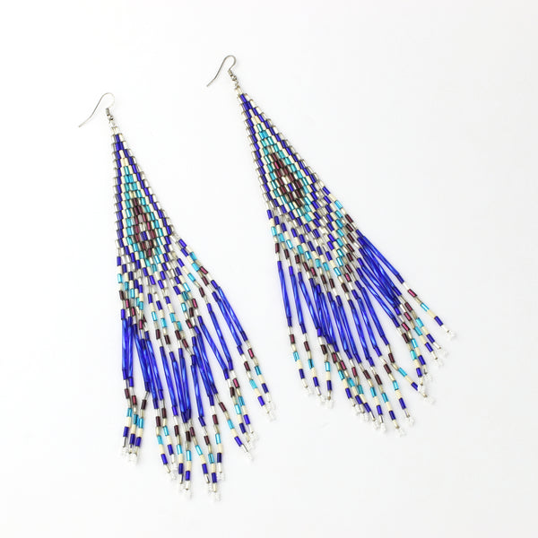 Electric Blue Hand Beaded Earrings- Extra Long