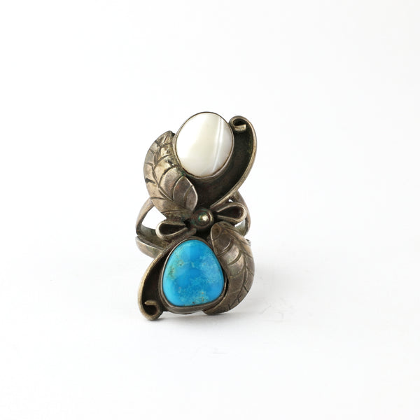 Vintage Mother of Pearl and Turquoise Leaf Ring