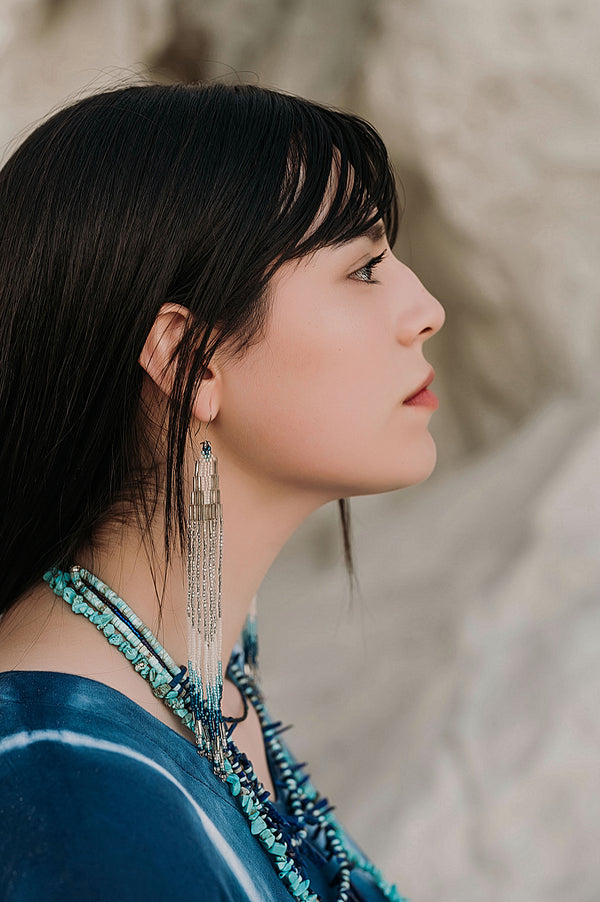 Hand Beaded Shimmery Silver Earrings