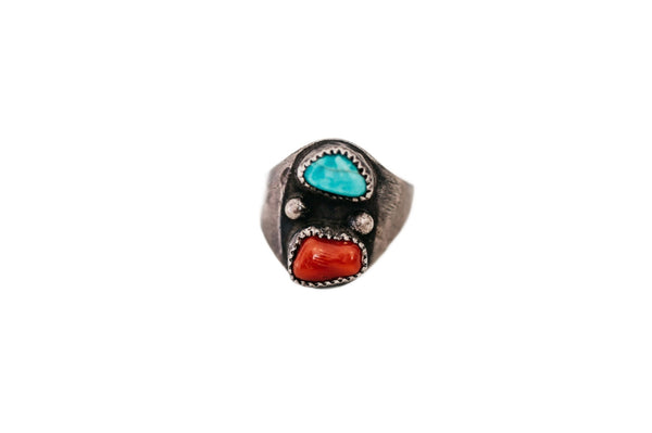 Red Coral and Turquoise Vintage Ring